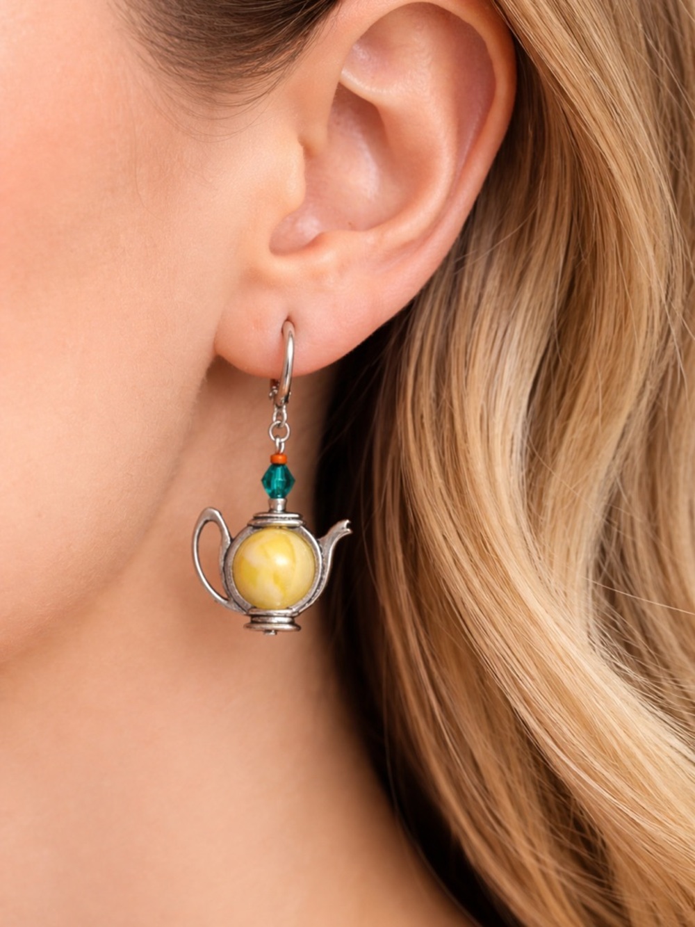 Handmade Antique Silver Teapot Earrings Whimsical Dangle Jewelry with Beads, MTO - Picture 6 of 11